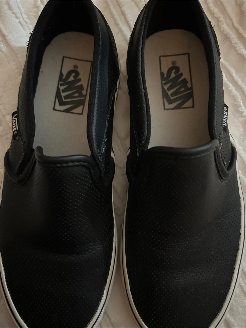 Vans Black Leather Slip-On Shoes with White Sole